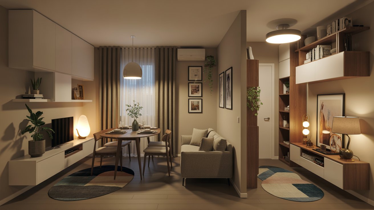 A small apartment featuring a combined living room, dining area, and kitchen in an open layout.