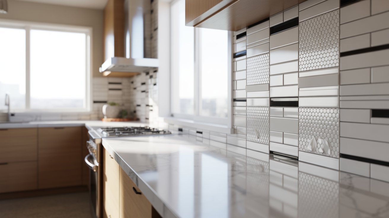 A modern kitchen featuring a stylish design with contrasting white and black tile flooring.
