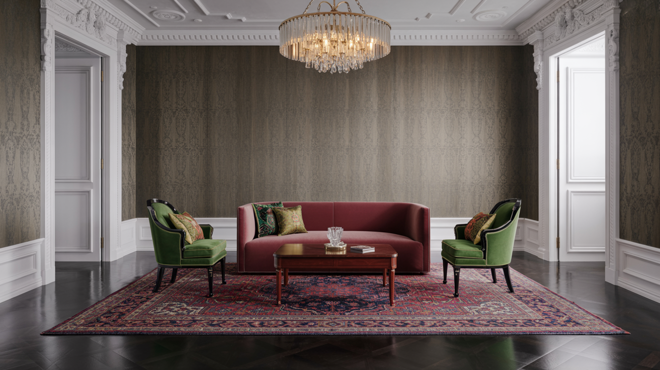 A cozy living room featuring a chandelier above and two elegant chairs arranged for conversation.