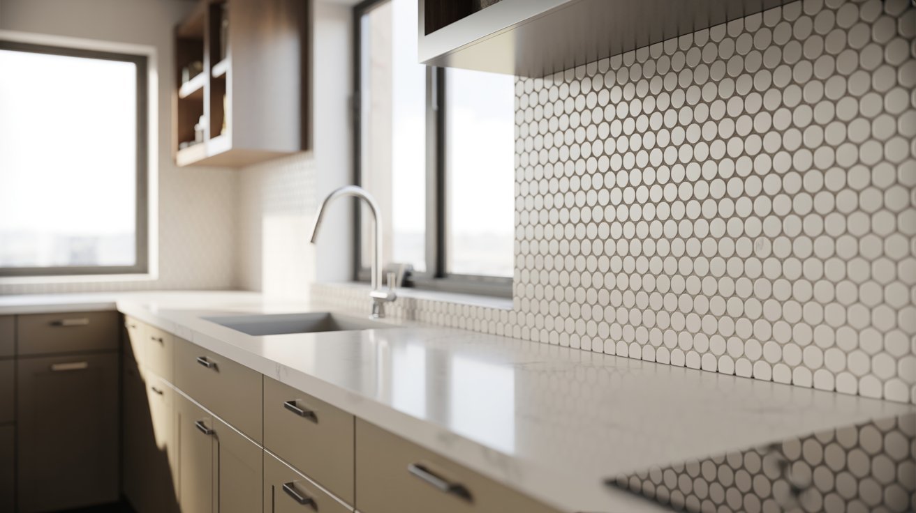 A kitchen featuring a sink and countertop, showcasing a clean and organized cooking space.
