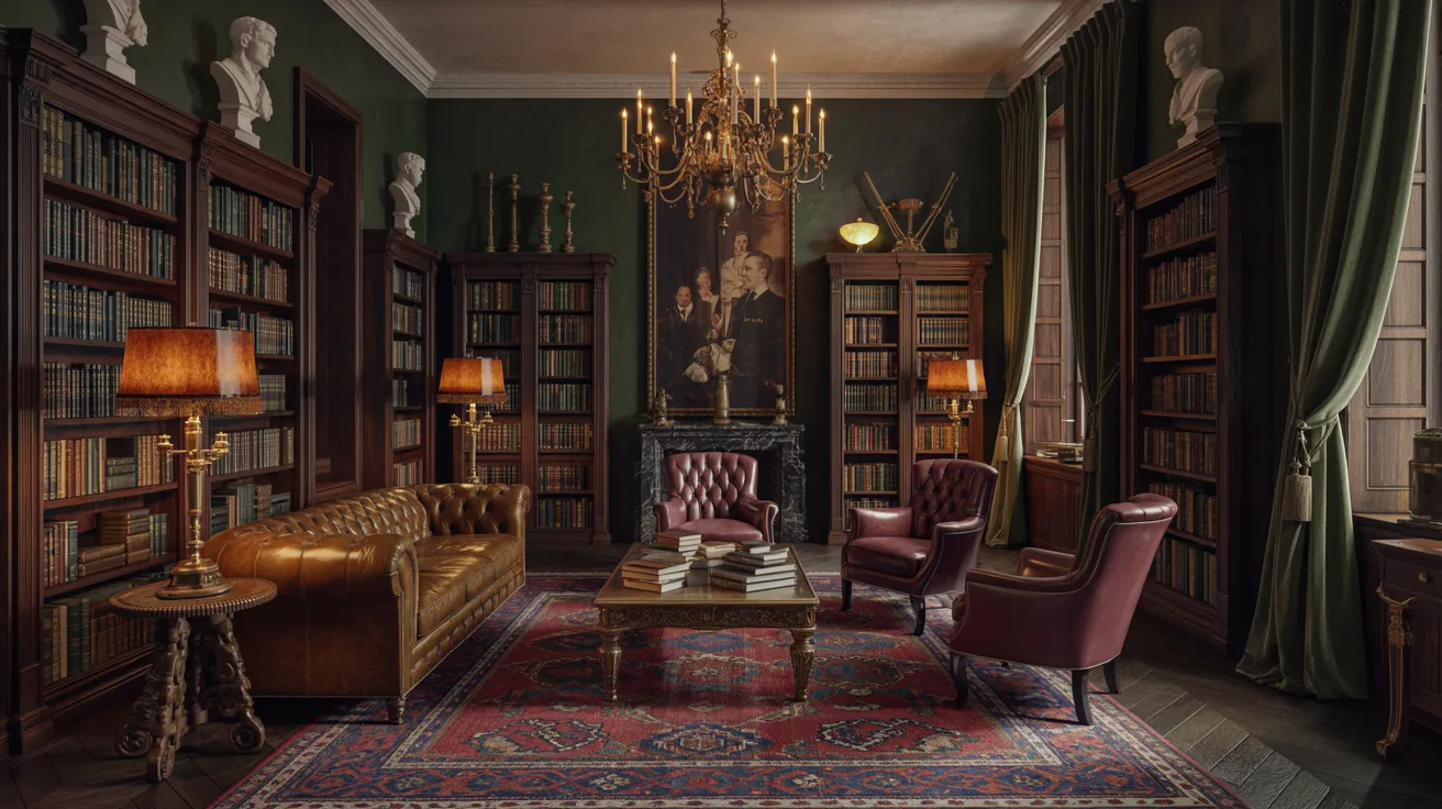 . A cozy library featuring leather chairs and an elegant chandelier hanging from the ceiling.