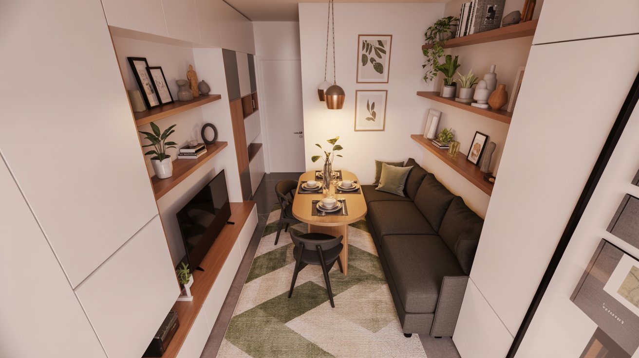Cozy apartment space with a couch, a table, and shelves, creating a functional living area.