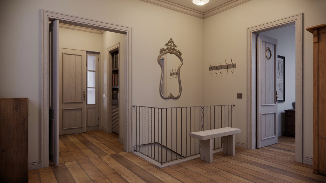 A hallway featuring a door on one side and a wooden bench against the wall, creating a welcoming atmosphere.