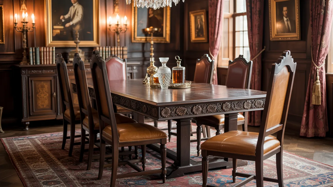  A formal dining room featuring ornate furniture and an elegant chandelier, creating a luxurious atmosphere.