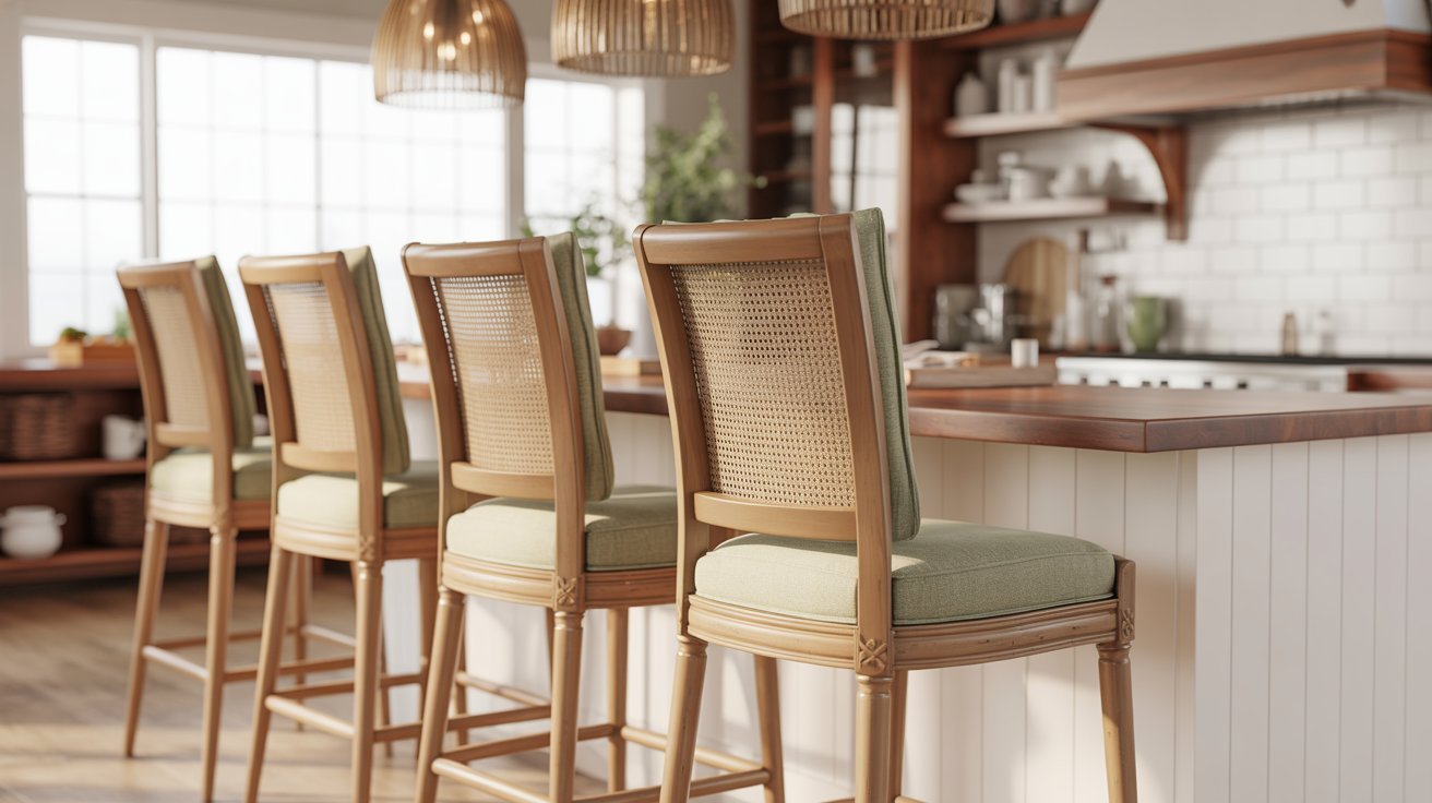 A modern kitchen featuring a wooden island with four bar stools arranged around it.