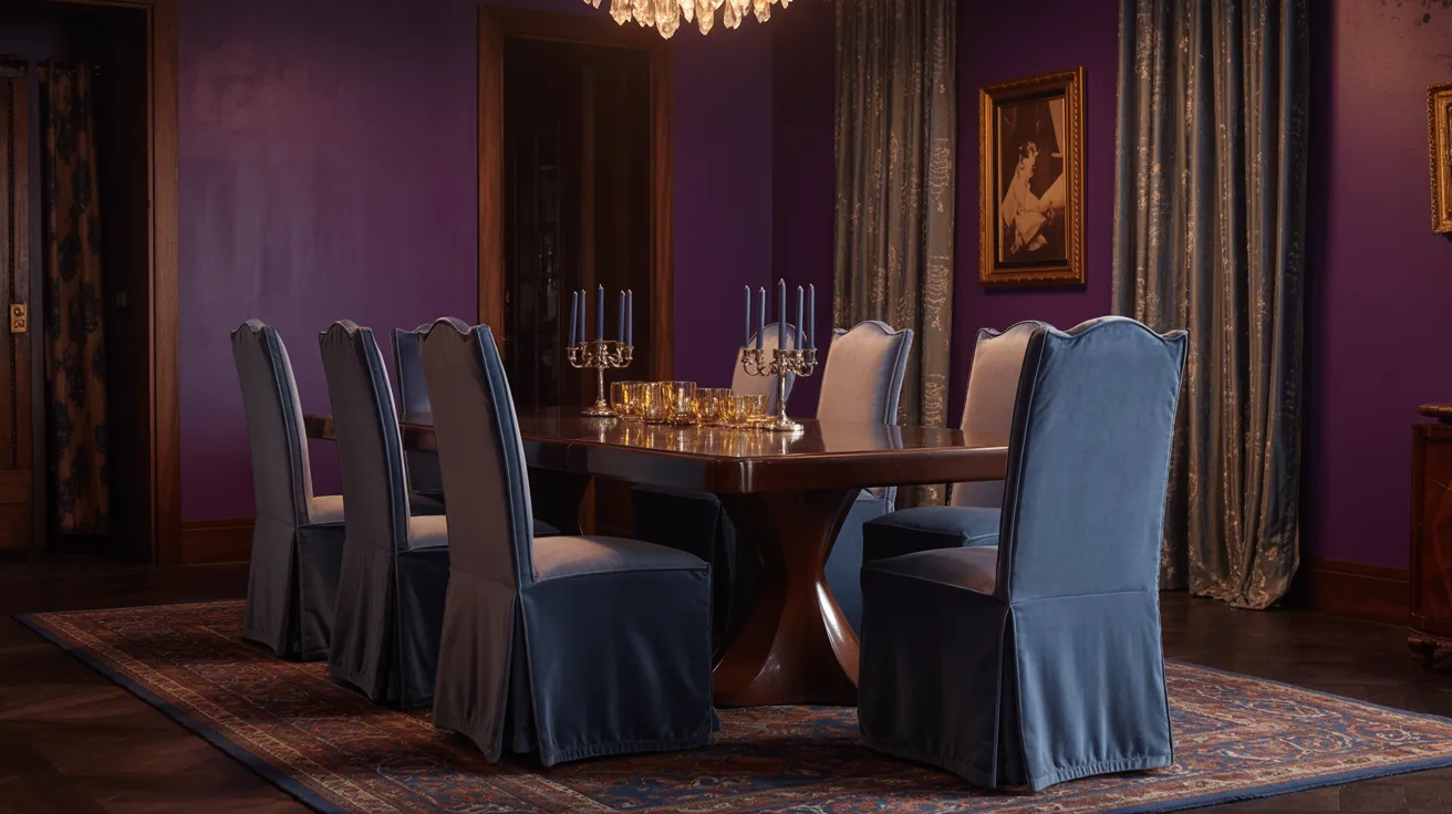 A dining room featuring purple walls and an elegant chandelier hanging from the ceiling.