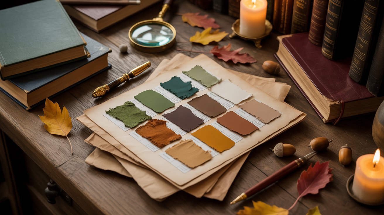 A table displaying an assortment of books, lit candles, and various paint samples arranged neatly.

