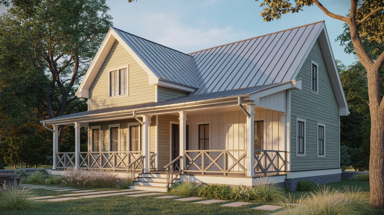 A small cottage-style house featuring a welcoming porch and a covered entryway, surrounded by greenery.