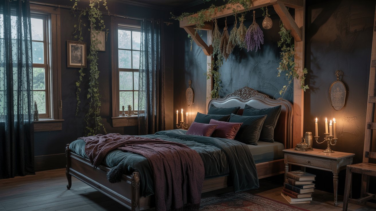 A dimly lit bedroom featuring a bed, flickering candles, and lush green plants creating a cozy atmosphere.
