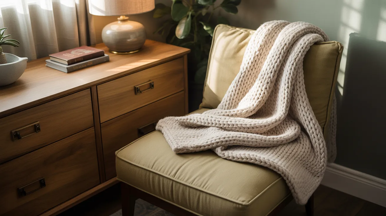 A cozy chair draped with a blanket, positioned beside a warm lamp, creating a comfortable reading nook.