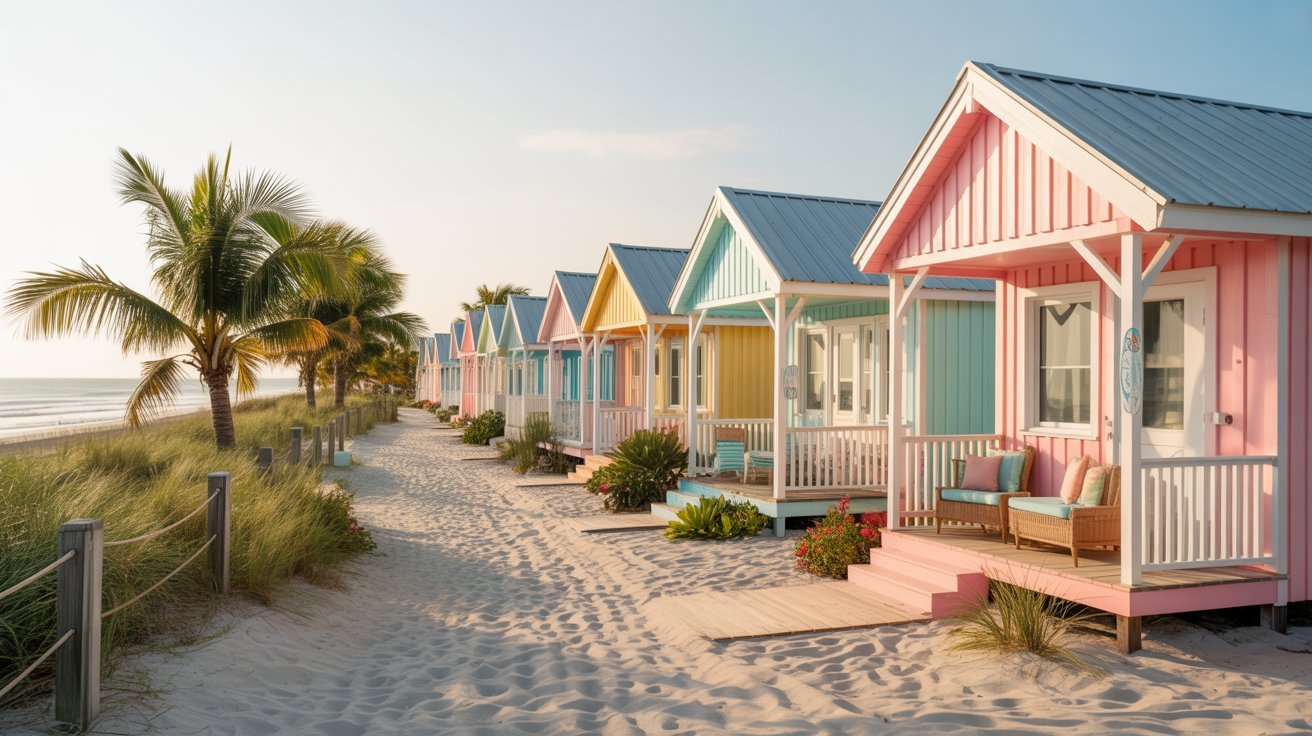 Colorful beach cottages are lined up along the sandy shore, creating a vibrant coastal scene.