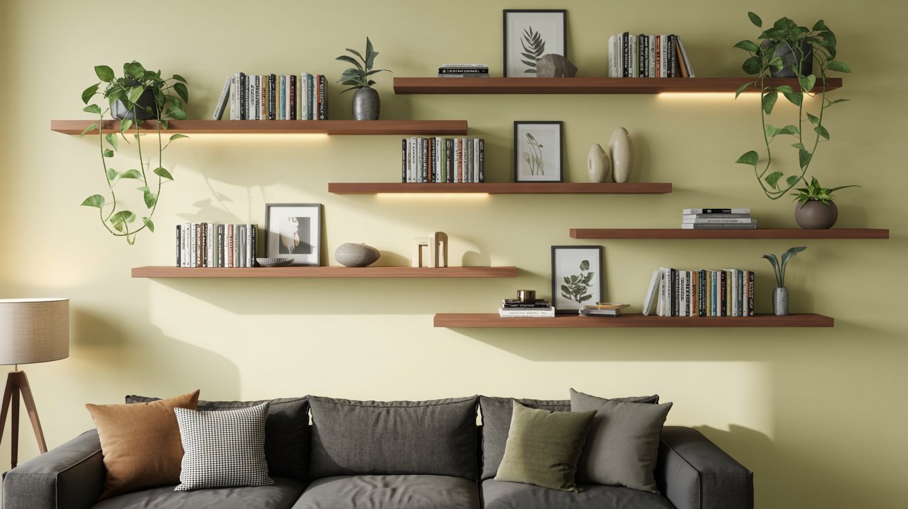A cozy living room featuring a comfortable couch and well-stocked bookshelves against the walls.