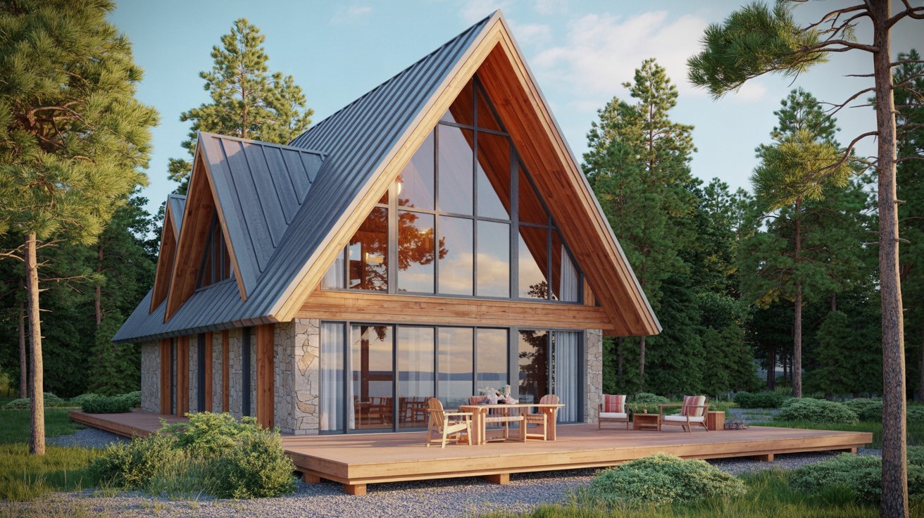 A small cabin featuring a spacious deck and a welcoming porch, surrounded by nature.