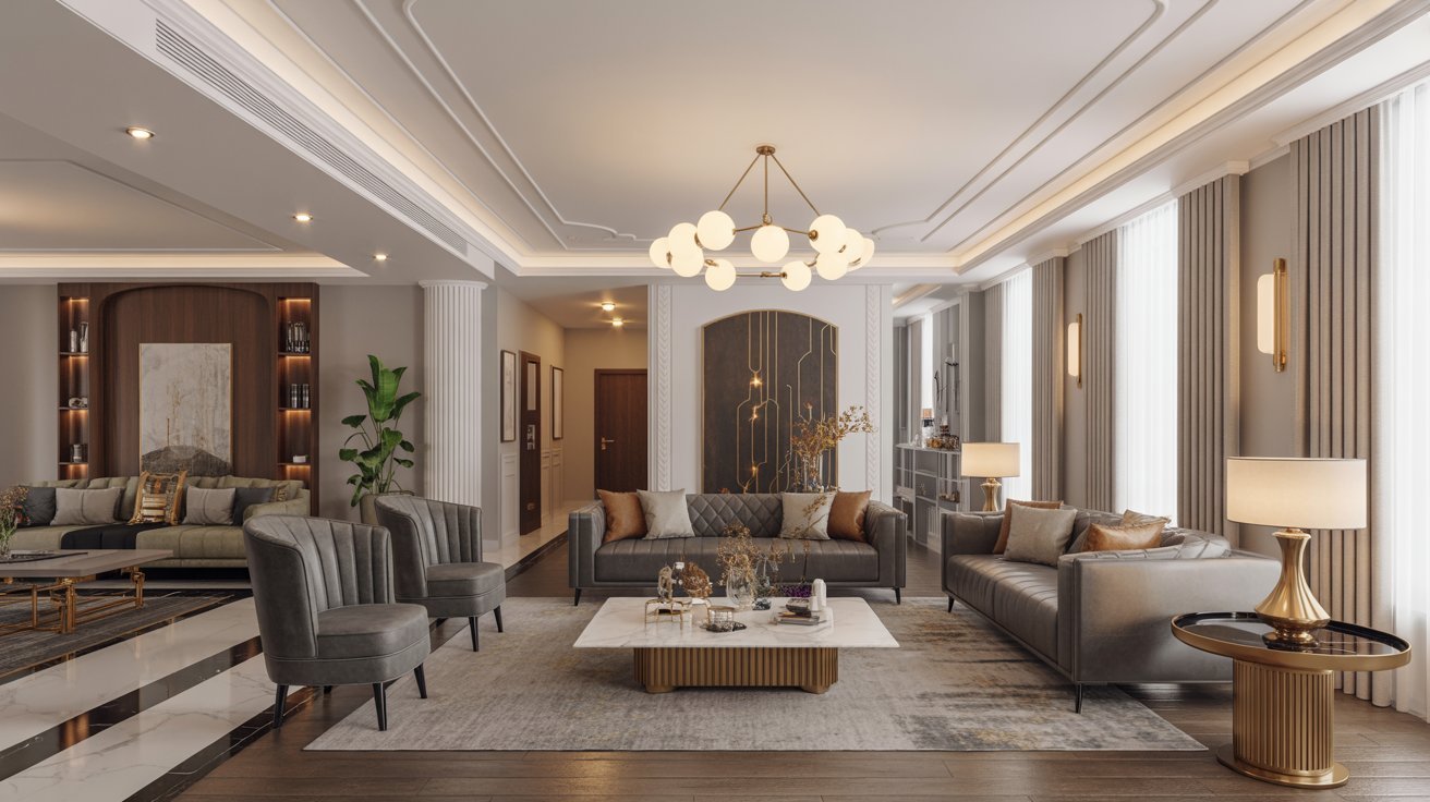 A modern living room featuring a large chandelier hanging from the ceiling, with stylish furniture and decor.
