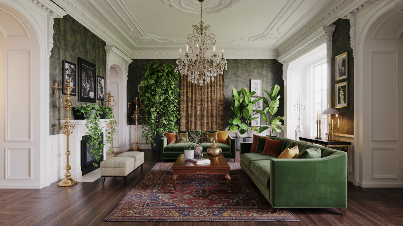 A cozy living room featuring green couches and an elegant chandelier hanging from the ceiling.