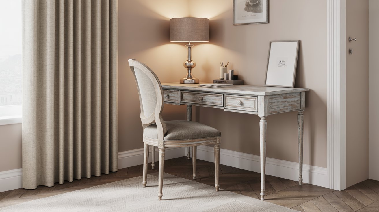 A small desk with a chair and a lamp, creating a cozy workspace in a minimalist setting.