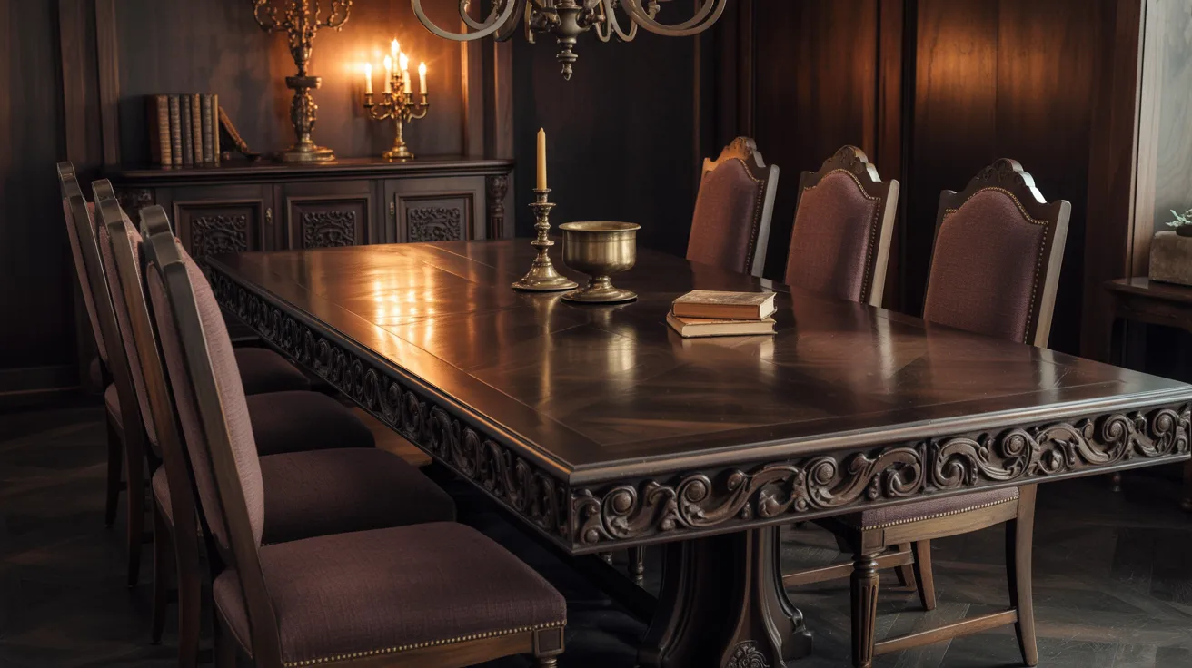 A dining room table set with a candle, illuminated by a decorative chandelier above.