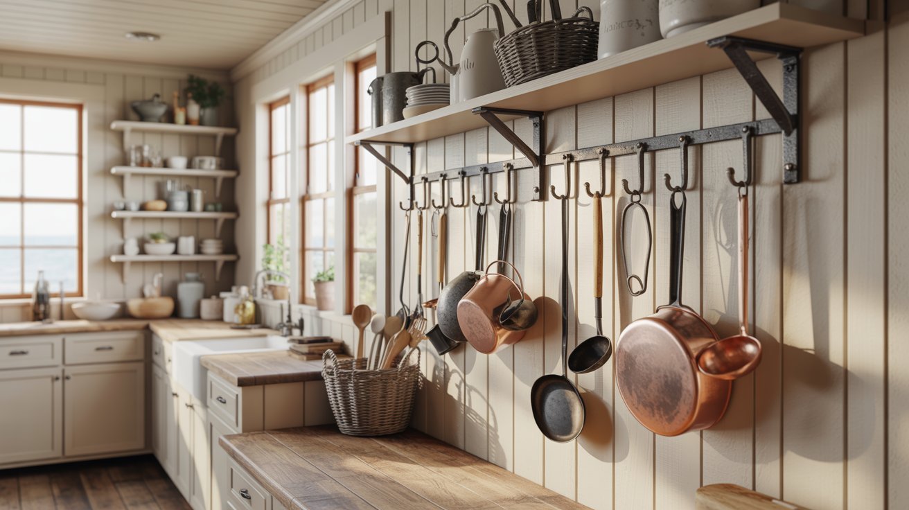 A well-organized kitchen with various pots and pans suspended on the wall, highlighting a practical culinary environment.
