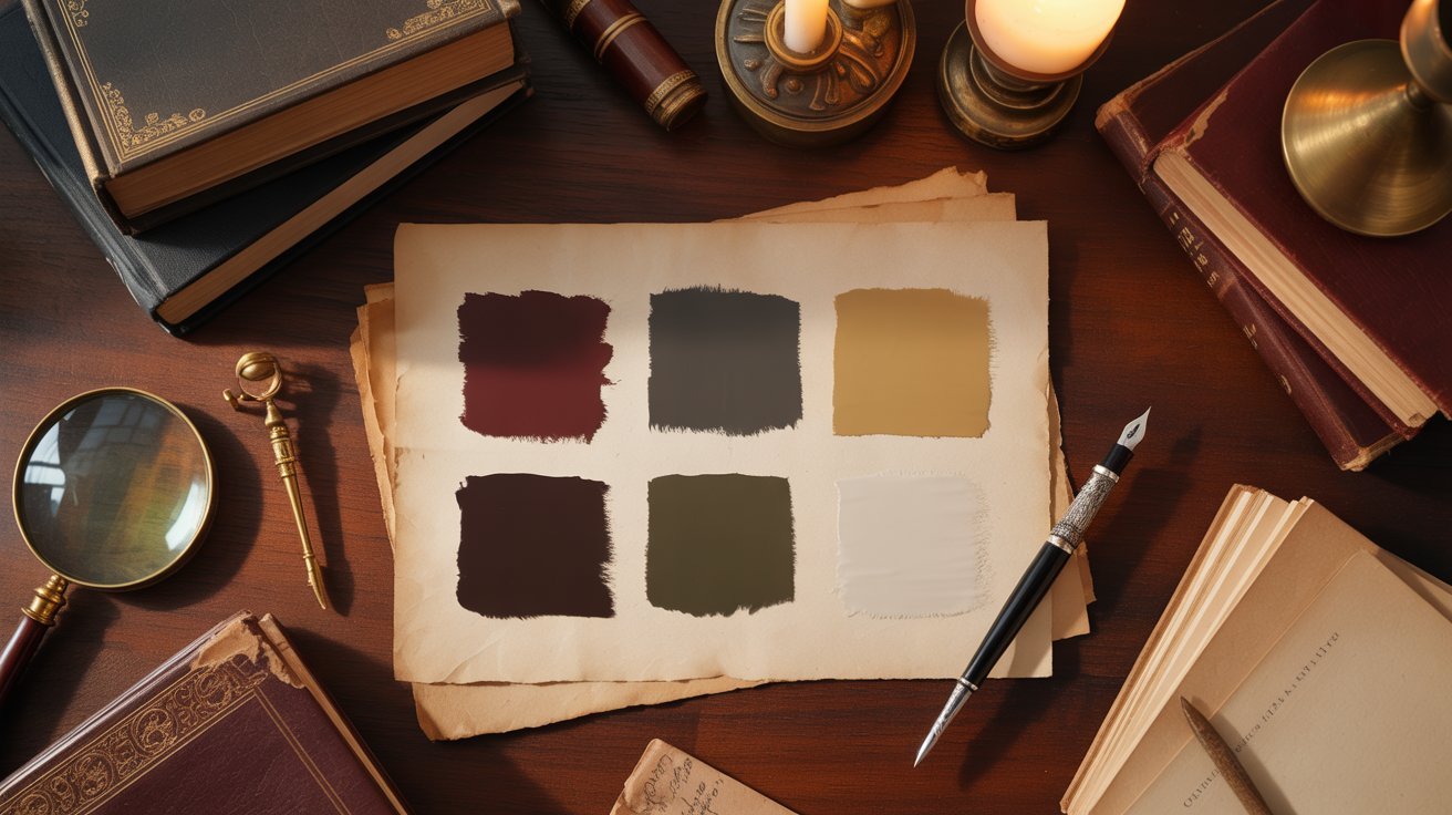 A table displaying various books, pens, and a lit candle, creating a cozy reading atmosphere.