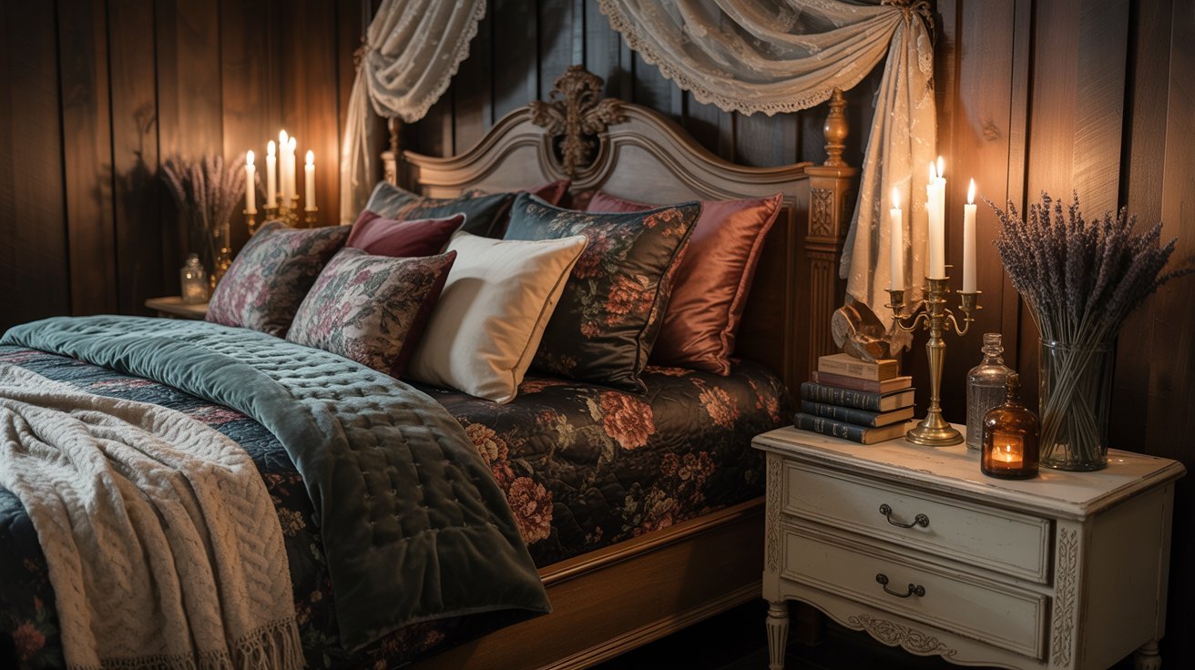  A cozy bedroom featuring a canopy bed adorned with candles, creating a warm and inviting atmosphere.