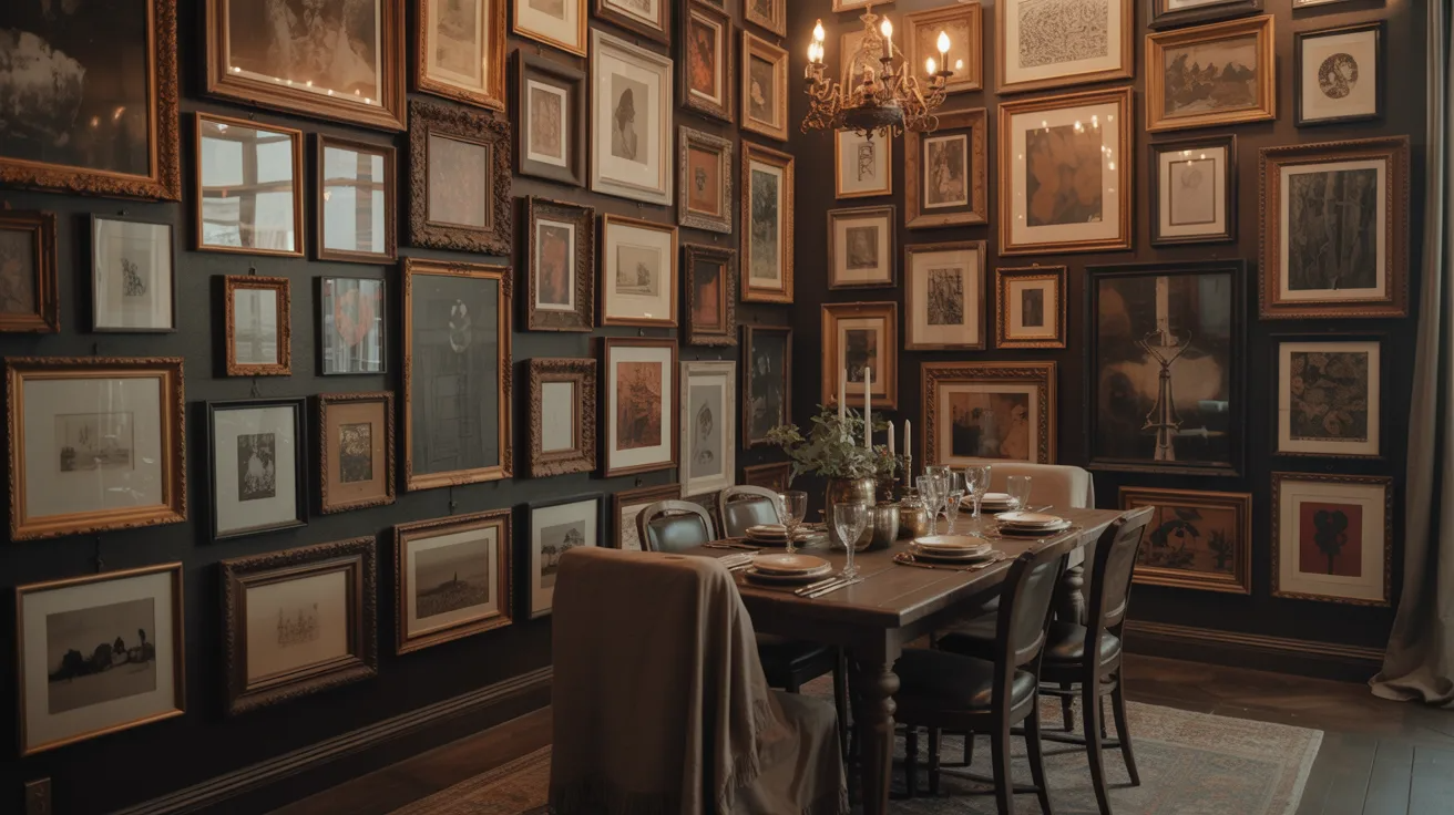 A dining room featuring numerous framed pictures adorning the walls, creating a warm and inviting atmosphere.
