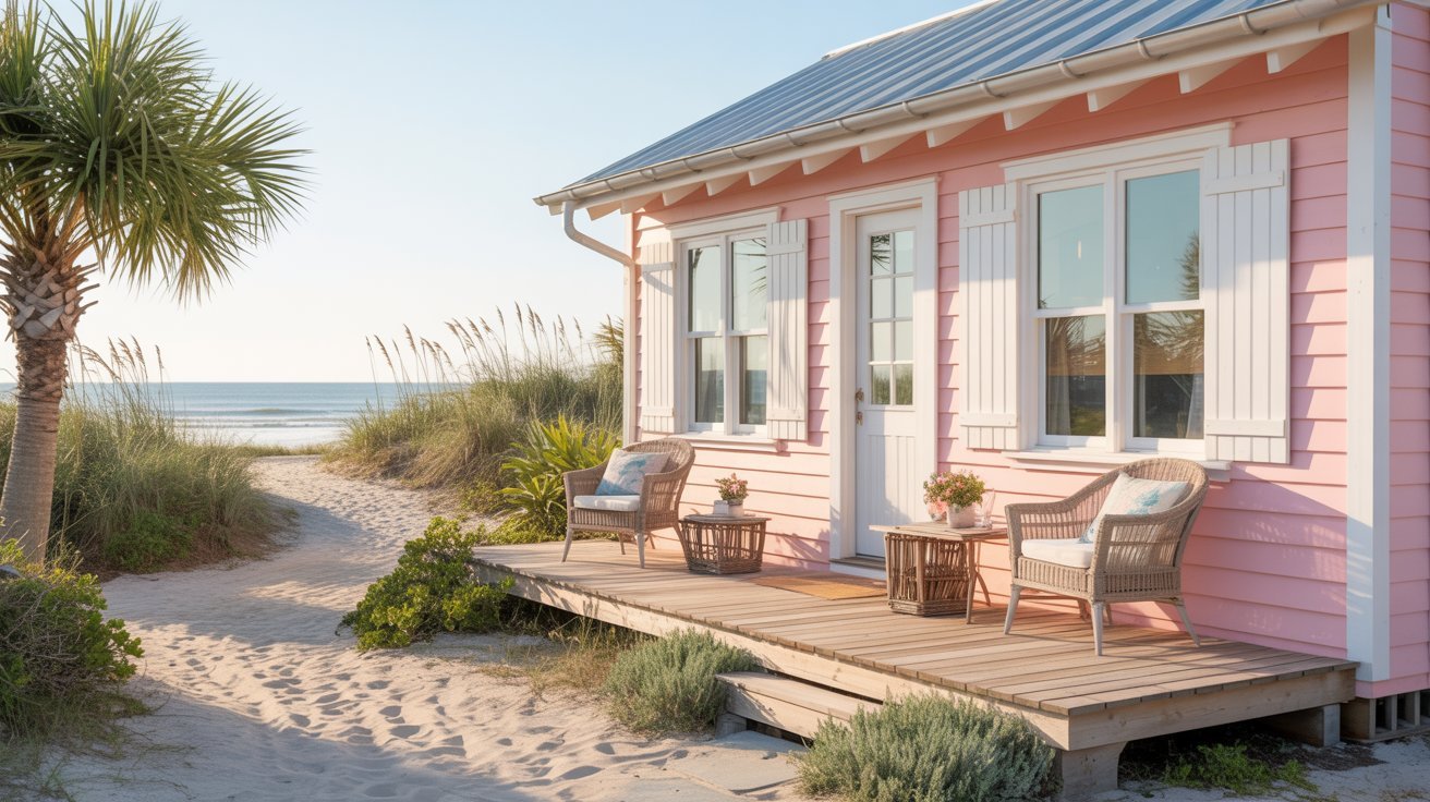  A pink beach house featuring a porch with chairs, set against a sunny coastal backdrop.