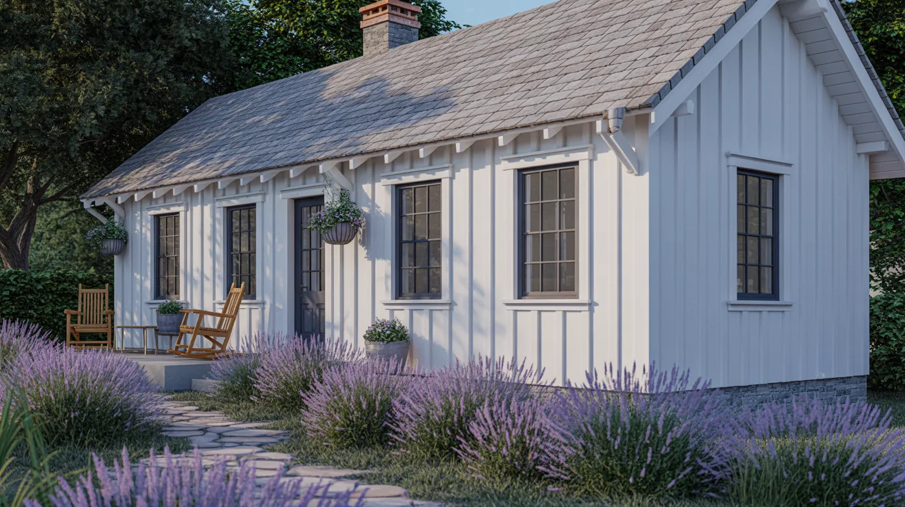 A small white cottage surrounded by blooming lavender plants in a serene garden setting.