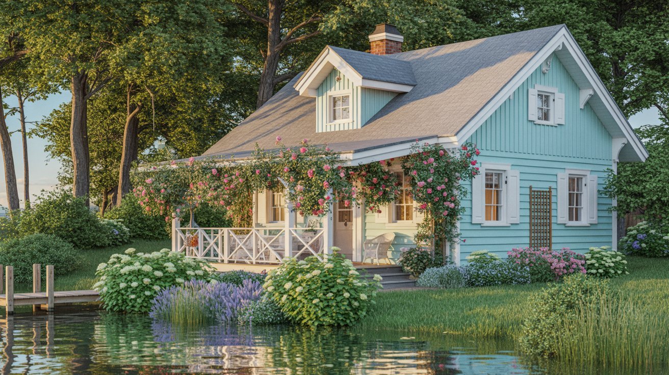 A quaint cottage by the water, surrounded by a vibrant garden filled with colorful flowers.