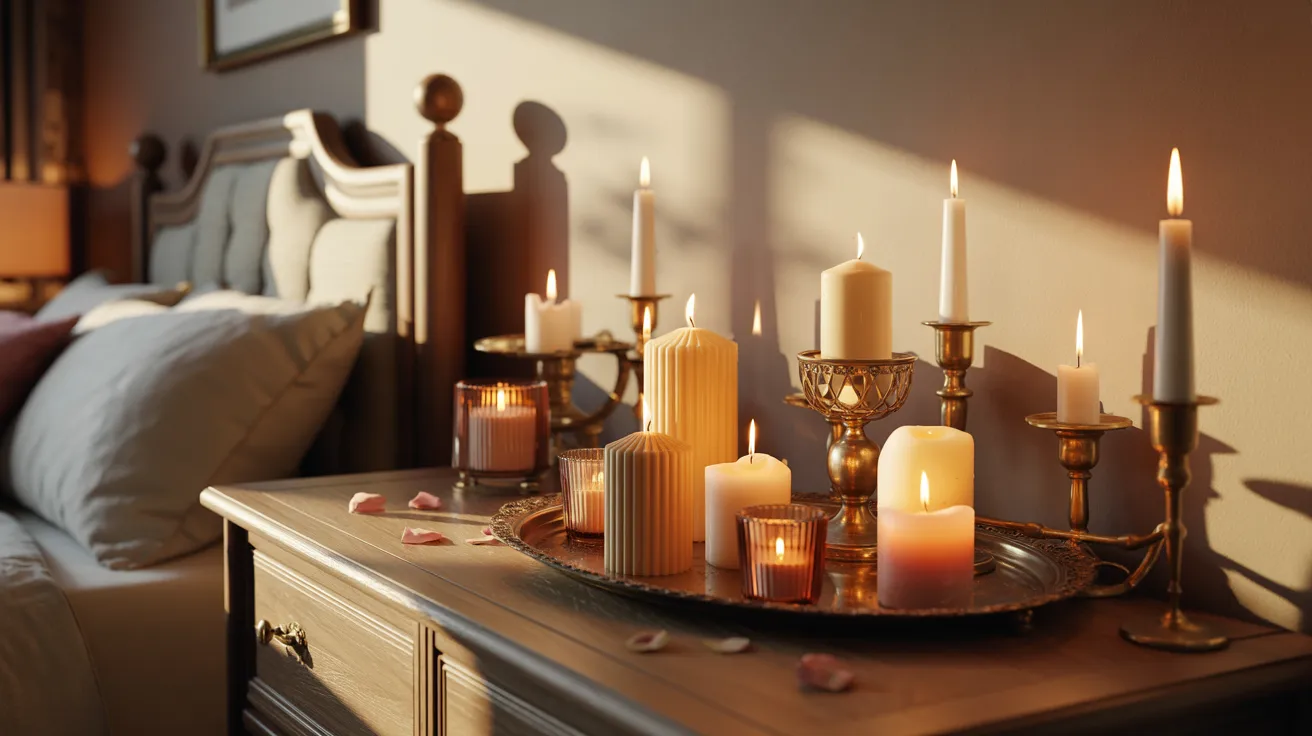 A bedside table with several lit candles, creating a warm and inviting atmosphere in a cozy bedroom.