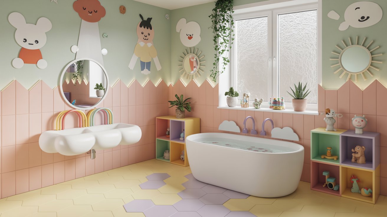 A vibrant bathroom featuring colorful walls and a spacious bathtub, creating a lively and inviting atmosphere.