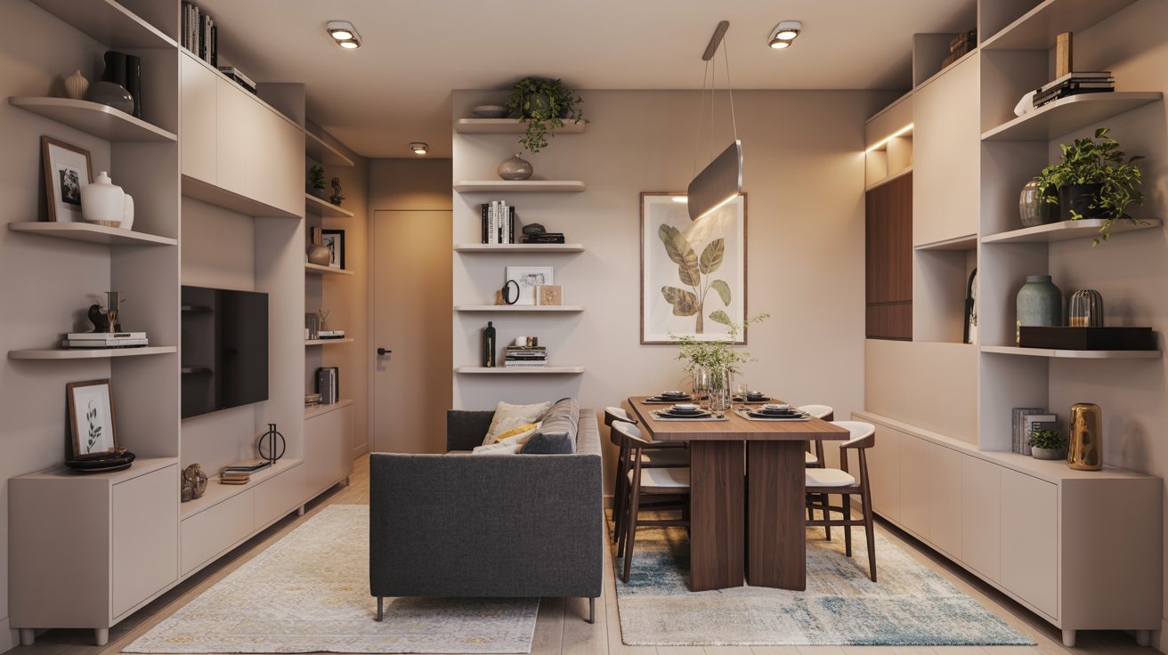 A modern living room featuring a stylish couch, a coffee table, and decorative shelves against a neutral backdrop.
