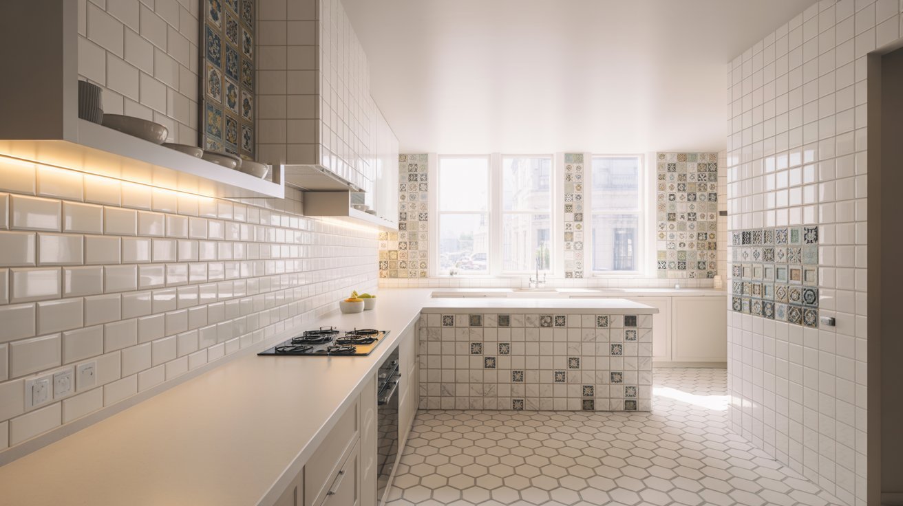 A kitchen featuring white tile walls and a stainless steel sink, creating a clean and modern aesthetic.